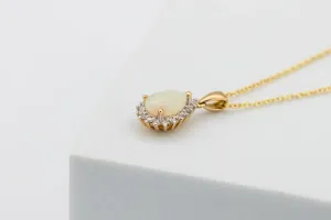 Yellow Gold Opal and Diamond Claw Set Necklace – 0.55ct Pear Opal & Brilliant Cut Diamonds