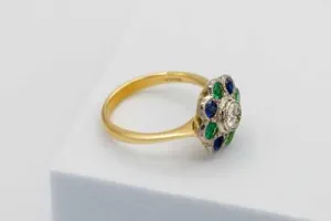 18ct Yellow Gold Diamond Sapphire & Emerald Floral Design Ladies Ring 0.50ct