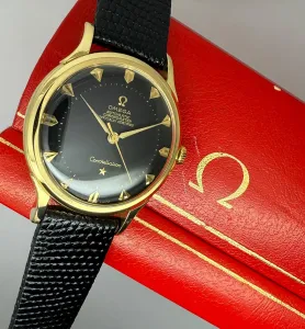 Omega Constellation De Luxe 33.5mm 18ct Gold Black Pie Pan Dial Reference 2700SC – Vintage Box – 1952