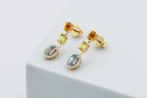 9ct Yellow Gold Citrine, Peridot, Topaz and Diamond Drop Earrings 1.26ct Gemstones & 0.09ct Diamonds