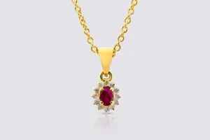 9ct Yellow Gold Ruby and Diamond Necklace 0.19ct Oval Ruby & 0.08ct Brilliant Cut Diamond