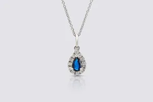 18ct White Gold Pear Sapphire and Brilliant Cut Diamond Pendant Necklace